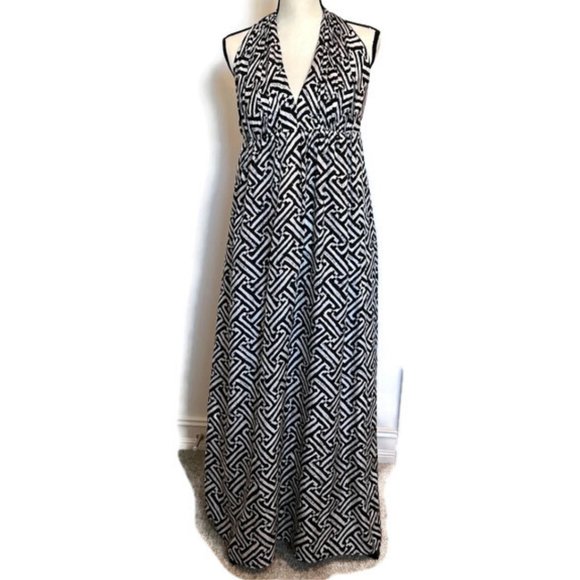 Kay Unger Halter Maxi Sundress 10 Black and White Silk - Picture 1 of 16